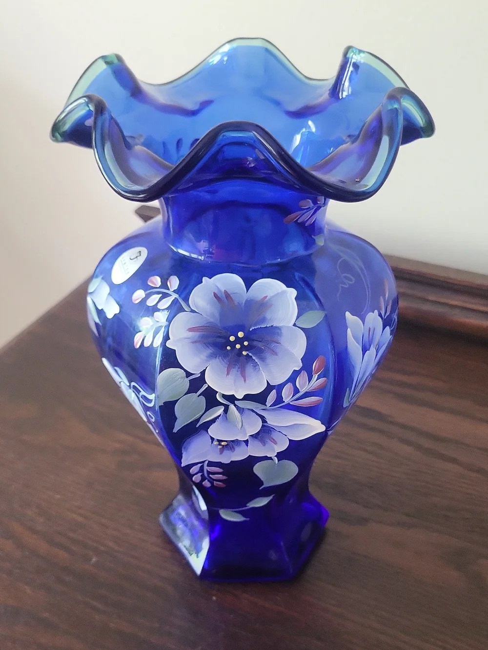 Fenton Cobalt Blue Hand-Painted Floral Ruffled Vintage Vase